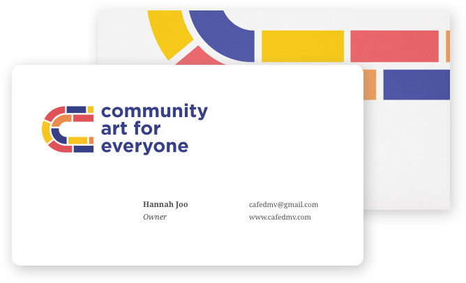 Community Art for Everyone business cards featuring colorful bricks decorating the corners.